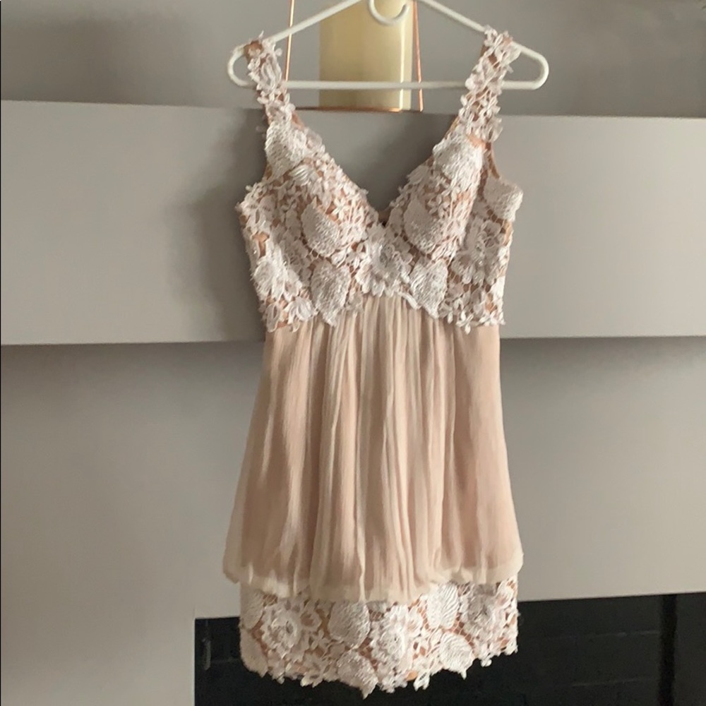 Jovani Blush and Ivory Lace Mini Dress
